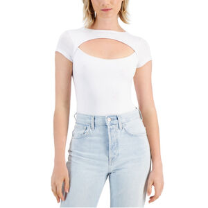 Just Polly Women's Extra Small White Knit Cutout Short Sleeve Thong Bodysuit NWT